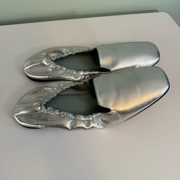 Aera Ballet Flat Shoes Size 41 US 11 Silver Metallic Vegan Square Toe Italy NWOT - Picture 2 of 10